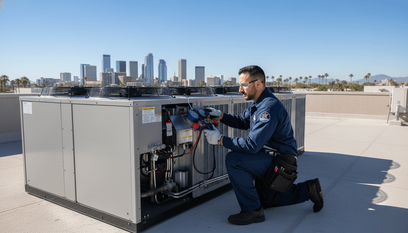 AccuTemp HVAC technician servicing commercial AC unit in Phoenix